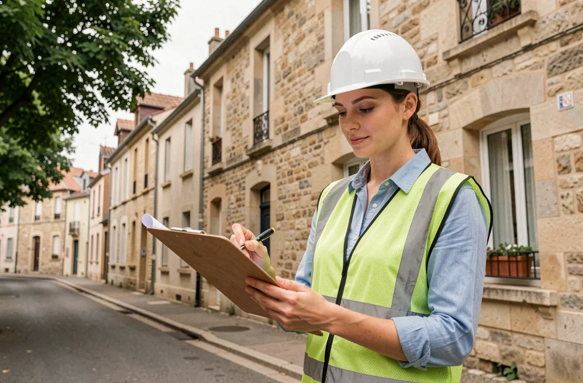 Électricienne d'A Energie Electricité Service consultant des plans devant un immeuble résidentiel dans l'Allier