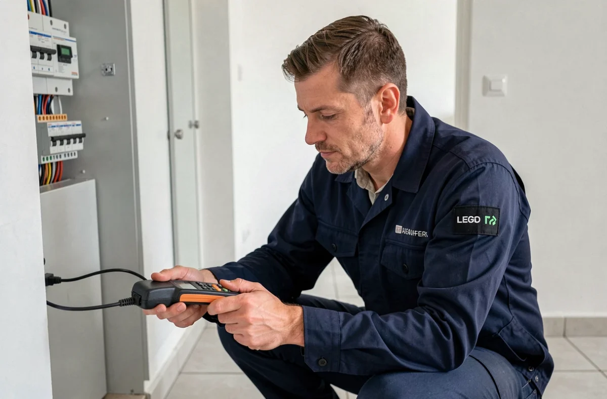 Électricien de A-LED examinant un tableau électrique dans une maison moderne de l'Allier