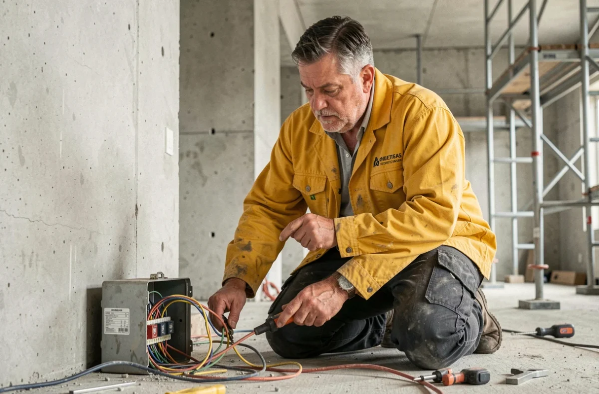 Électricien ABG ELEC connectant des fils dans un boîtier de jonction sur un chantier commercial en France