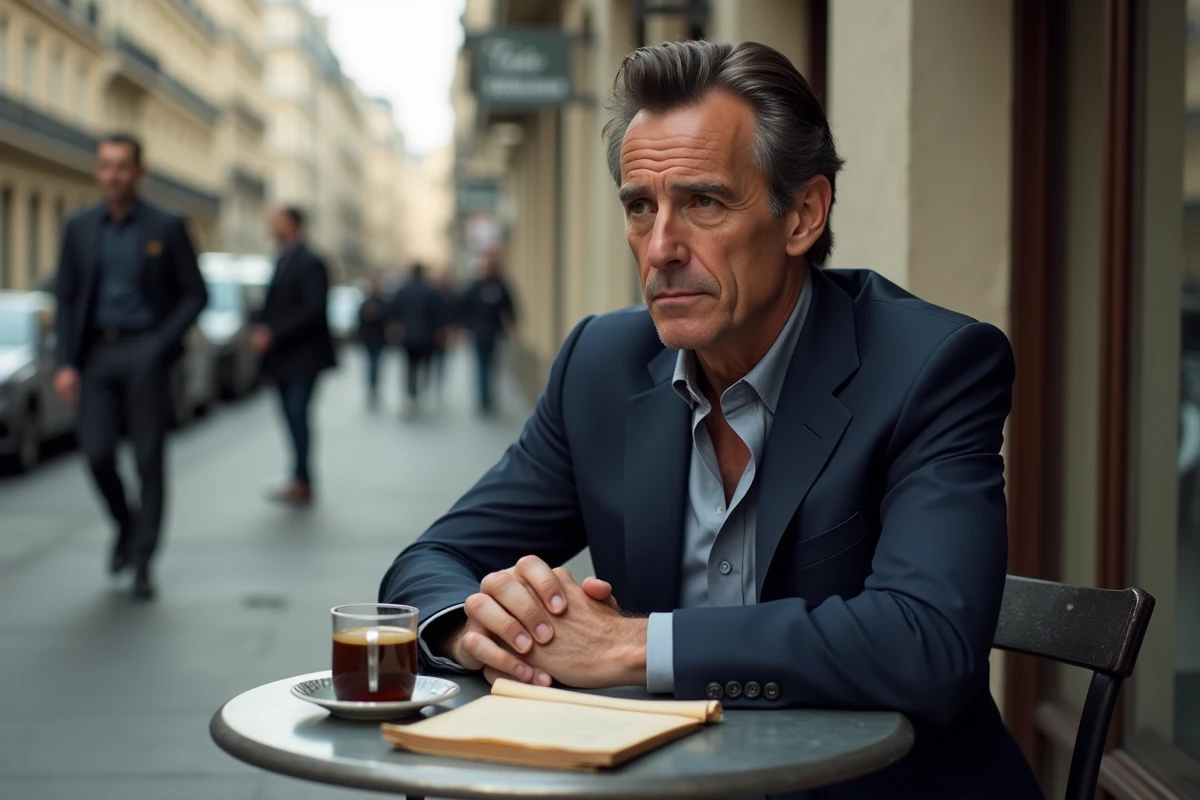 Acteur de cinéma français assis en terrasse de café parisien avec un scénario, symbole du cinéma français culte