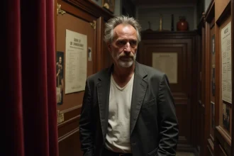 Acteur français de cinéma dans les coulisses d'un théâtre parisien, illustrant les rôles cultes du cinéma français