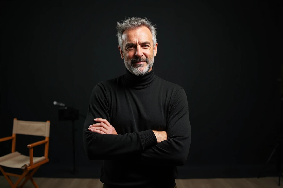 Acteur français expérimenté en studio de cinéma devant une ardoise de tournage, évoquant les grands rôles du cinéma français