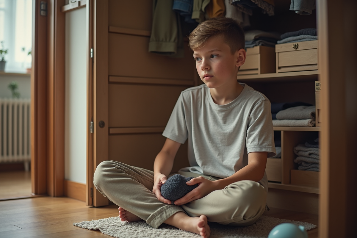 Adolescent triant ses chaussettes dans un placard ouvert