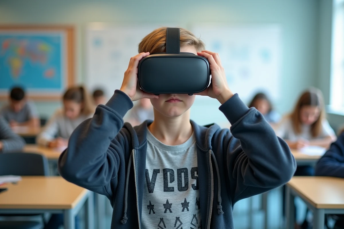 Adolescent en classe utilisant un casque VR