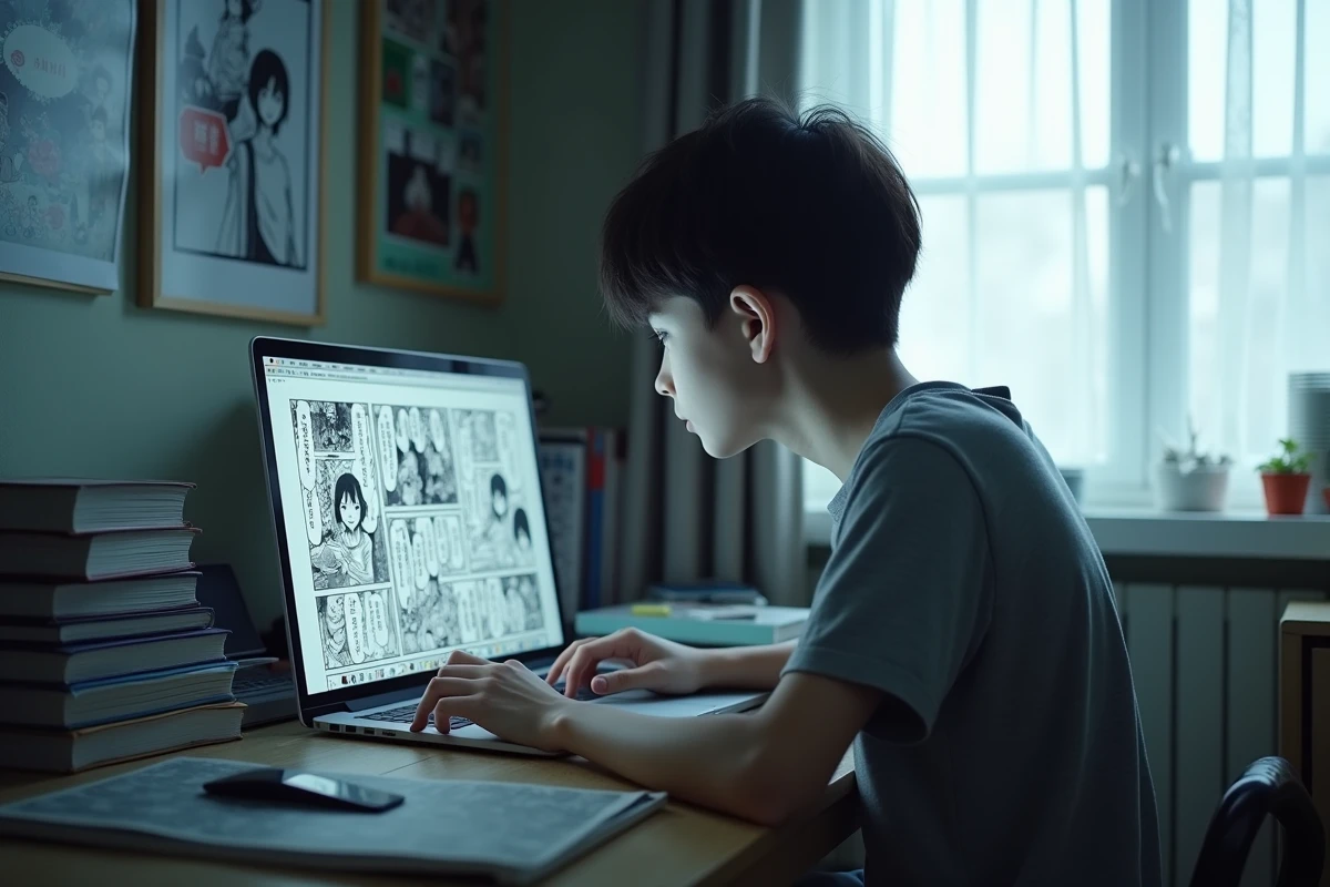 Adolescent concentré sur un site de scans manga sur ordinateur portable dans sa chambre avec des posters d'anime