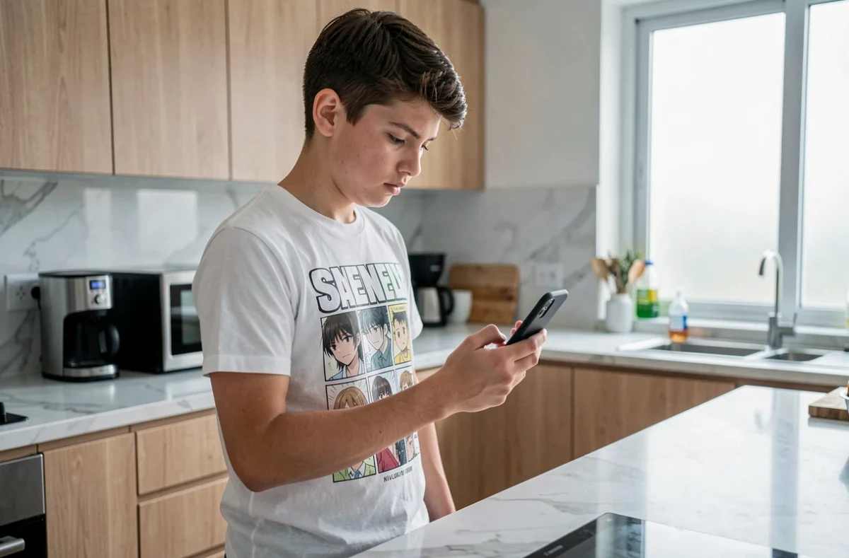 Adolescent consultant un site de streaming manga sur son smartphone dans une cuisine moderne, interrogeant la sécurité de la plateforme Kaliscab