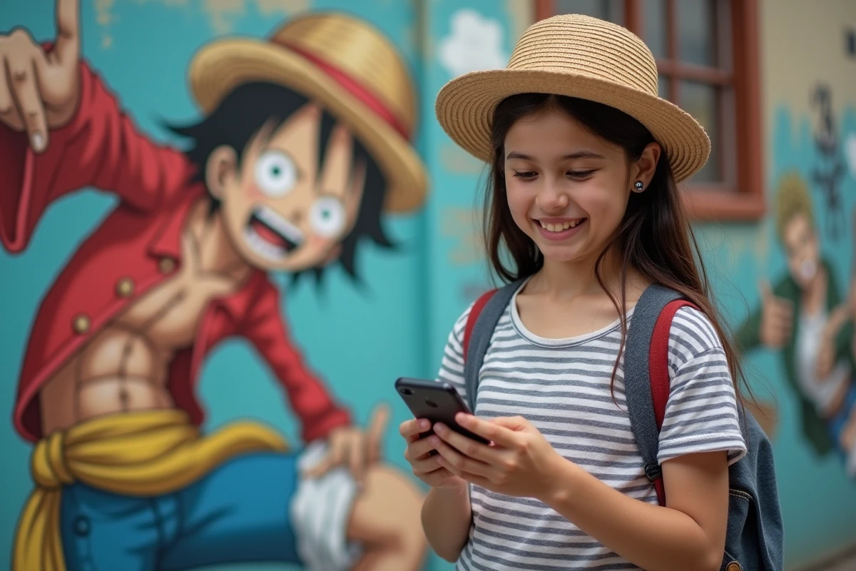 Adolescente souriante regardant une bande dessinée sur son smartphone devant un graffiti