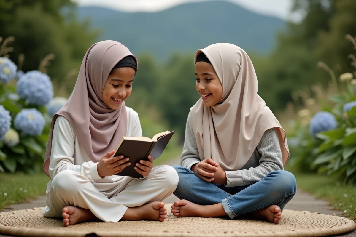 Adolescents musulmans discutant dans un jardin en Auvergne