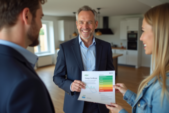 Agent immobilier souriant remettant un DPE à un couple dans un salon lumineux