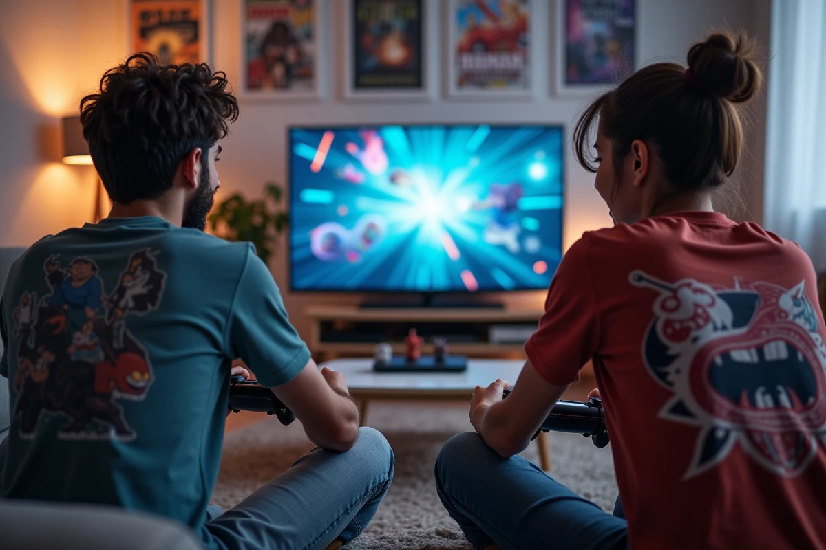 Deux amis jouent à un jeu vidéo dans un appartement