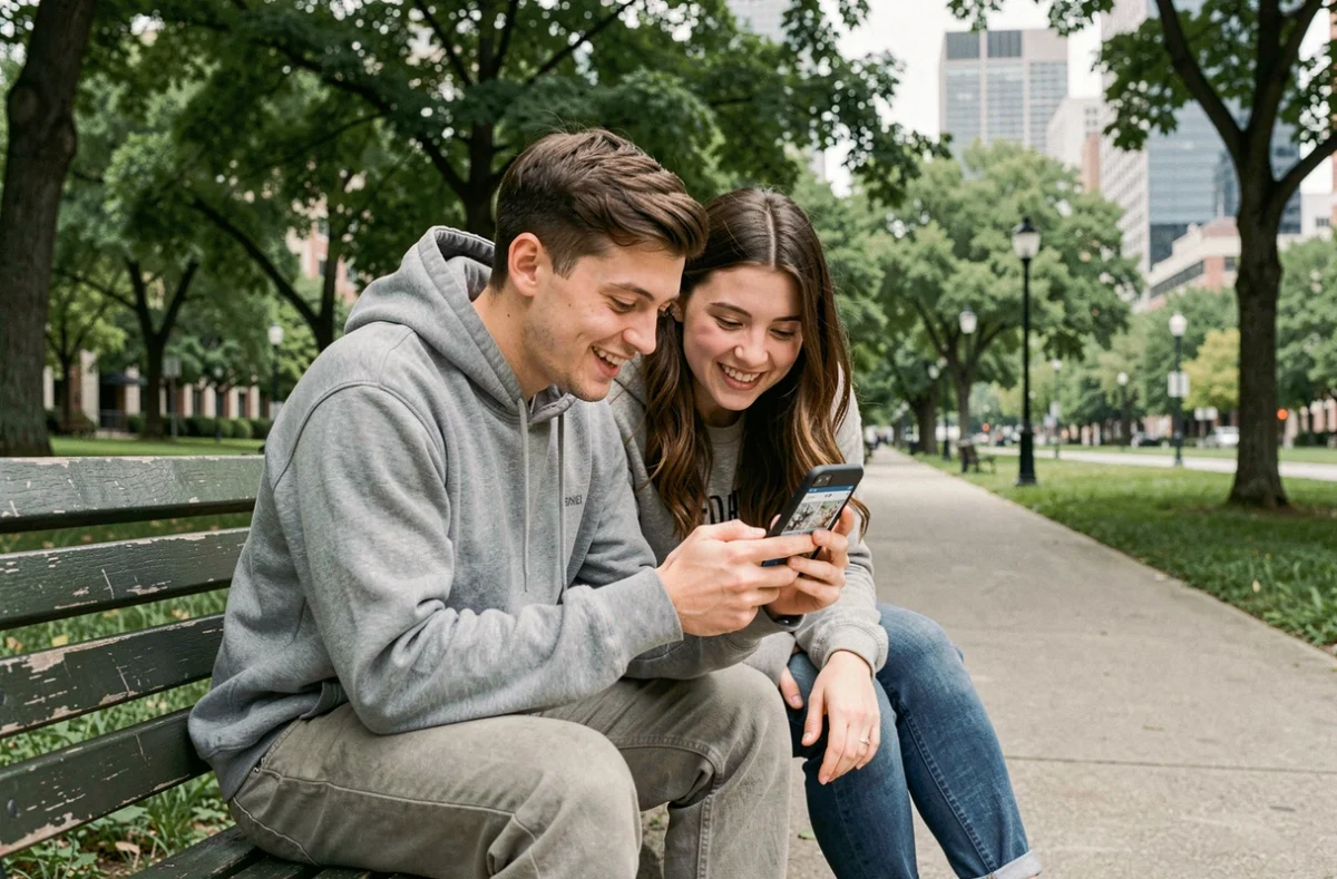 Deux amis lisant ensemble des mangas gratuits sur smartphone dans un parc urbain