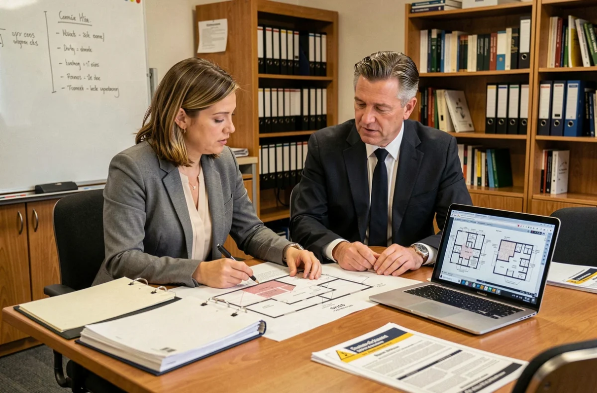 Deux professionnels analysant les plans de conformité d'un ERP de type R en réunion