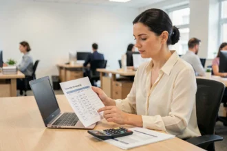 Femme RH analysant un relevé de temps de travail avec des décimales en centièmes d'heure dans un bureau moderne