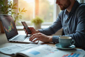 Jeune professionnel analysant des graphiques boursiers sur un ordinateur portable