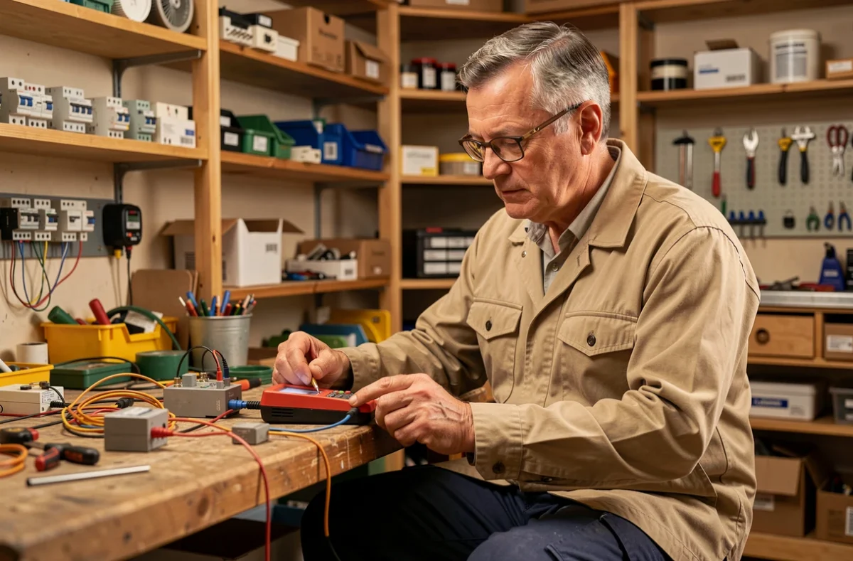 Joël Angermann électricien testant des composants électriques avec un multimètre dans son atelier en France