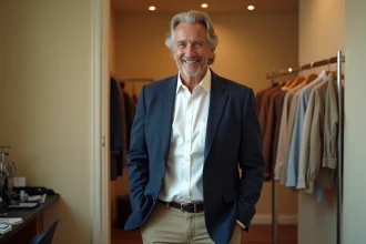 Portrait en pied d'un animateur français de grande taille dans une loge de studio de télévision, sourire naturel et posture assurée