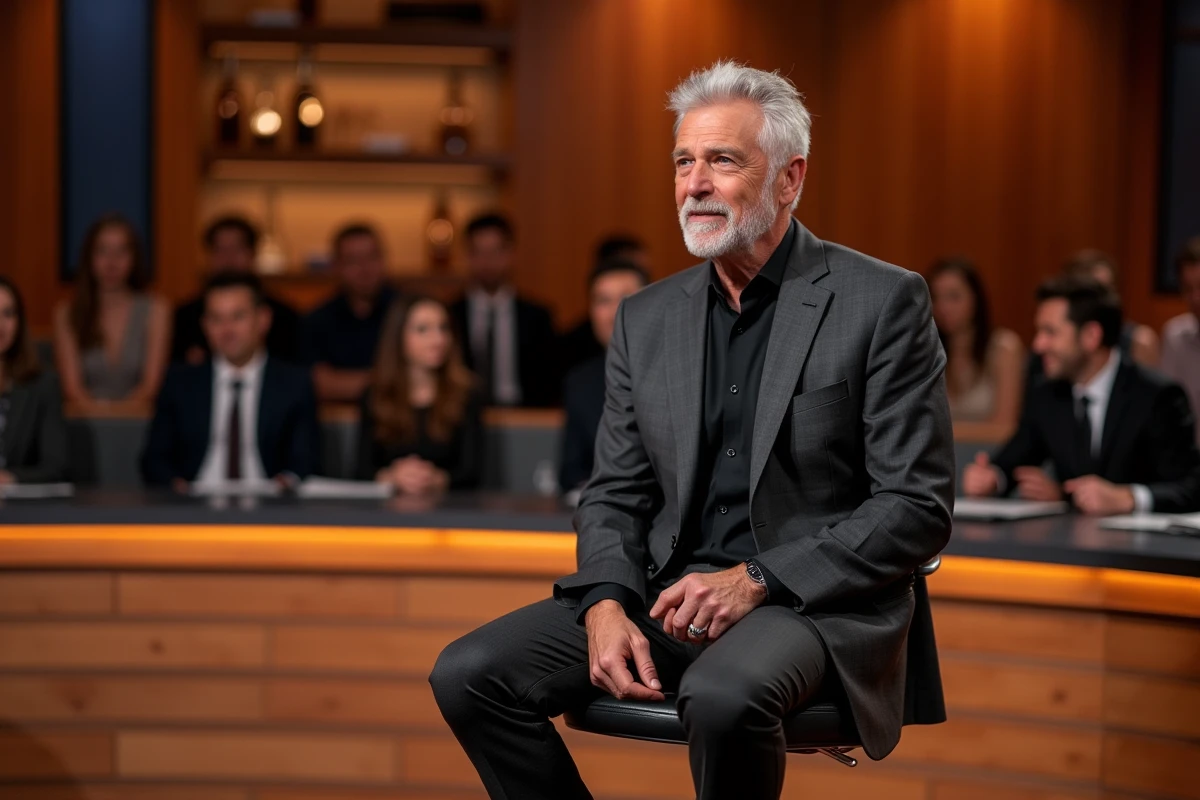 Animateur français de grande taille assis sur un tabouret sur un plateau de talk-show télévisé, expression animée et costume élégant