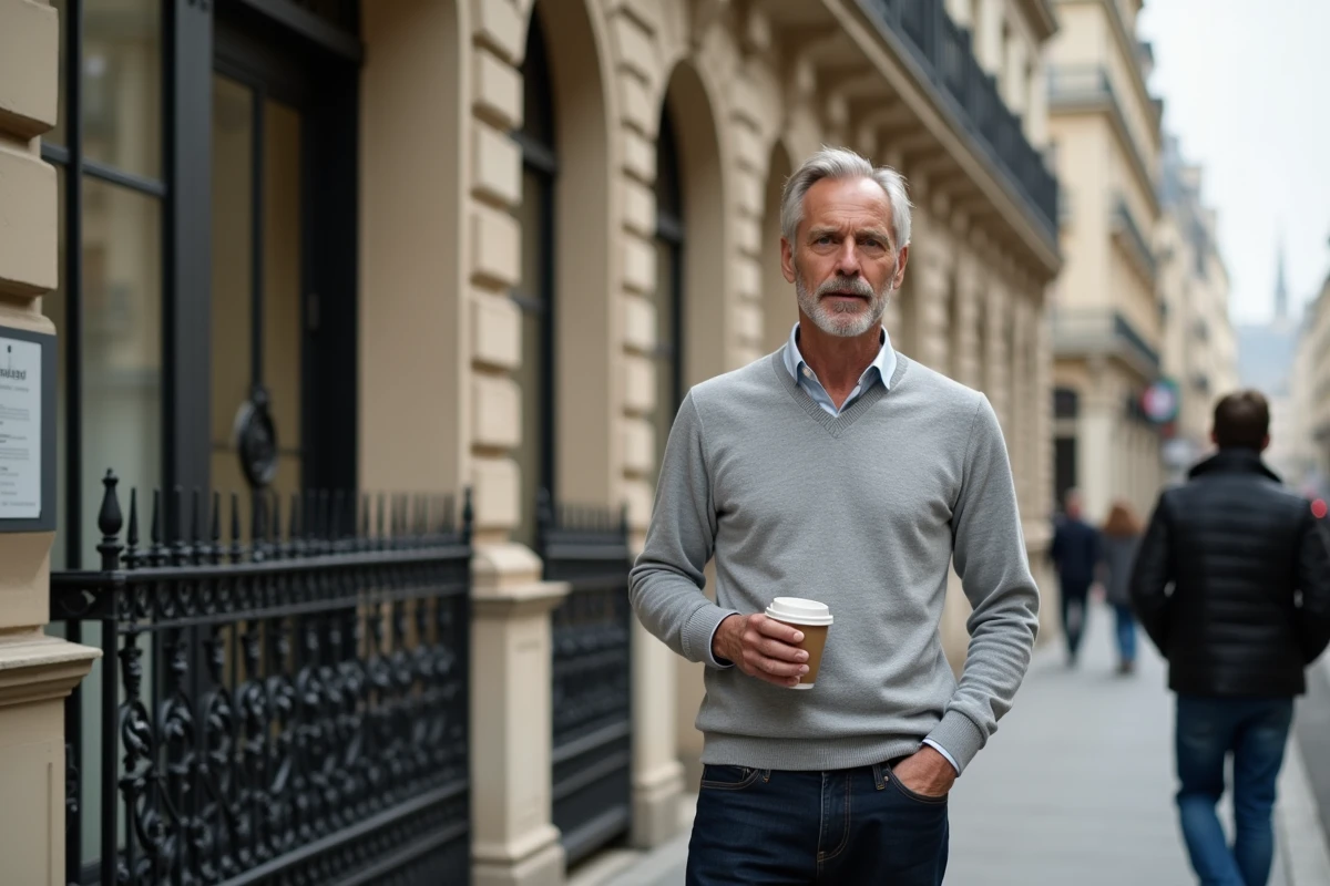 Animateur de télévision de grande stature en plein air dans une rue parisienne haussmannienne, tenue décontractée et ambiance urbaine authentique