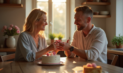 Couple heureux célébrant leur anniversaire de mariage à la maison