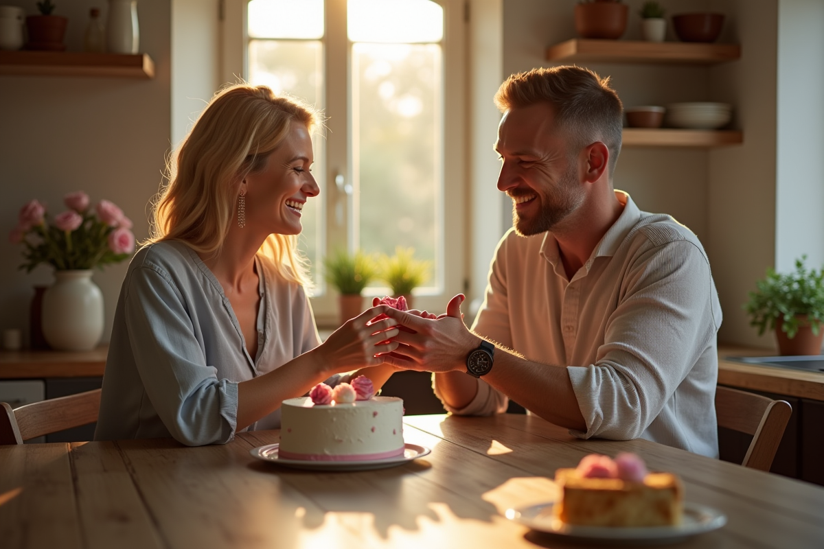 Couple heureux célébrant leur anniversaire de mariage à la maison