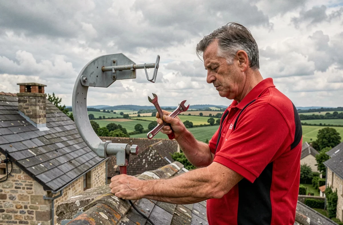 Technicien Antenne Plus installant une antenne satellite sur le toit d'une maison en pierre dans l'Allier