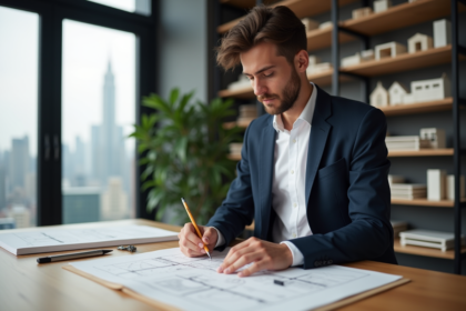 Architecte homme en bureau avec plans et modèles