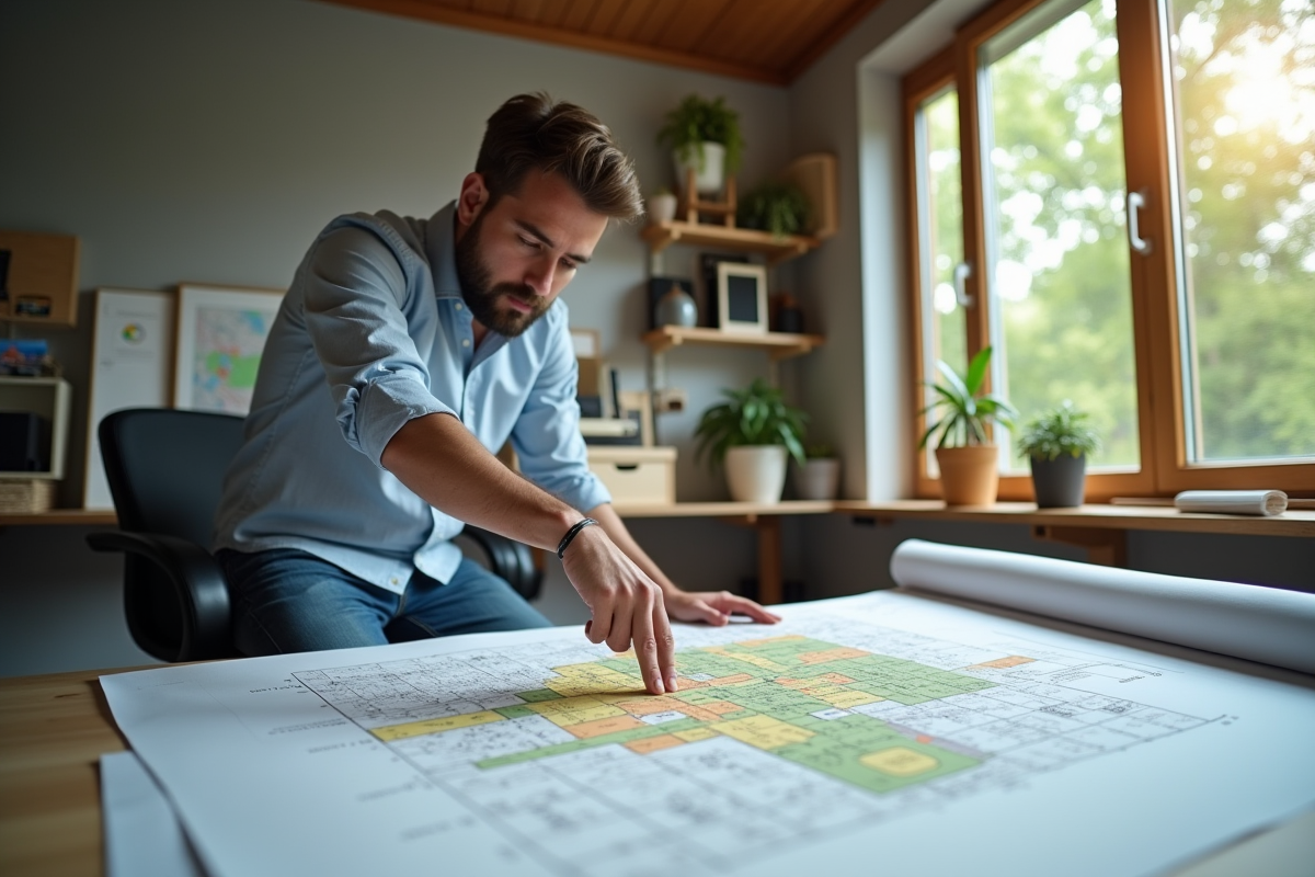 Jeune architecte analysant des plans dans son bureau