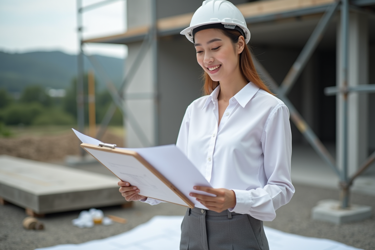 Jeune femme architecte examine plans sur chantier