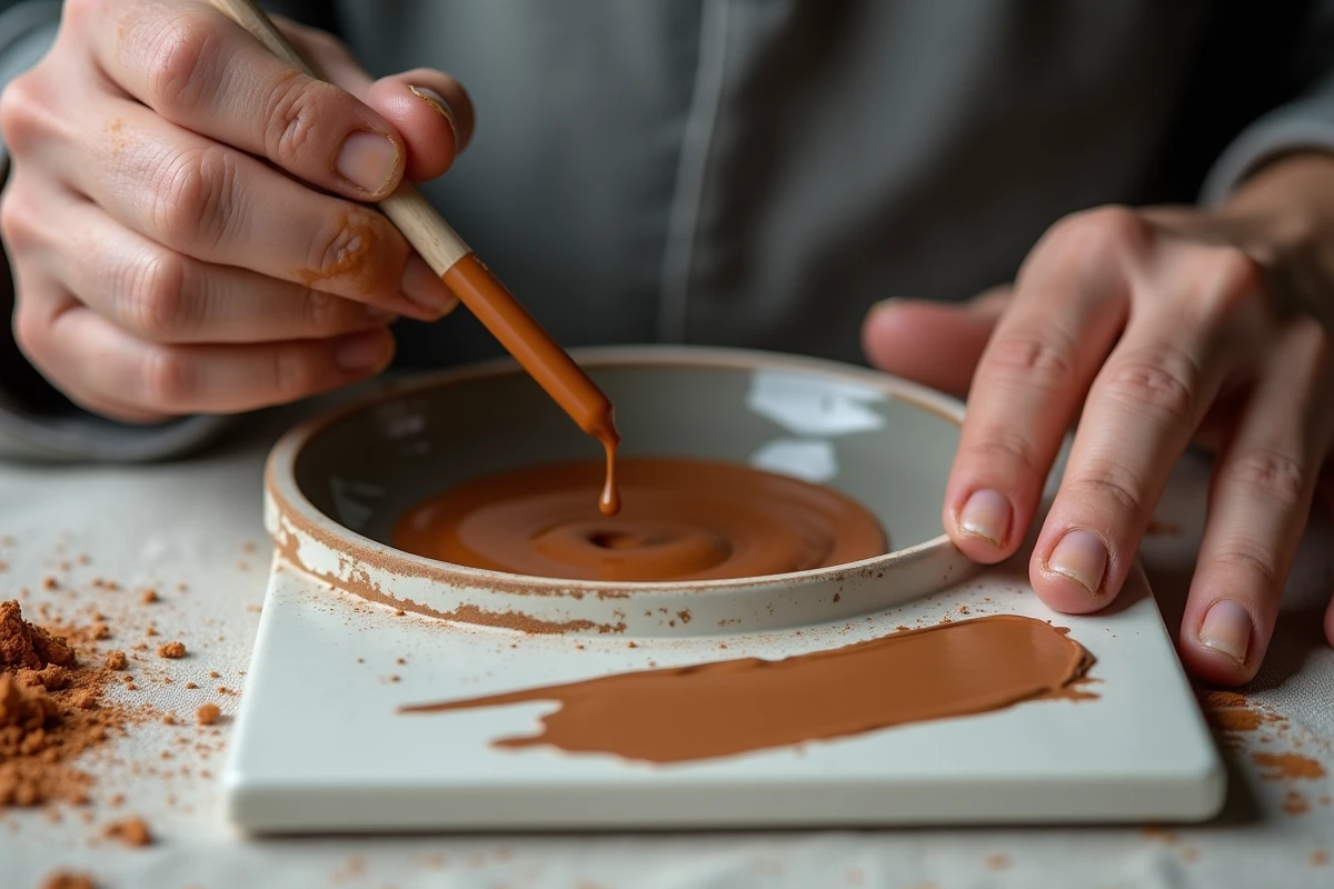 Mains d'artisan mélangeant des pigments pour corriger une couleur marron trop terne, test de teinte sur carrelage blanc