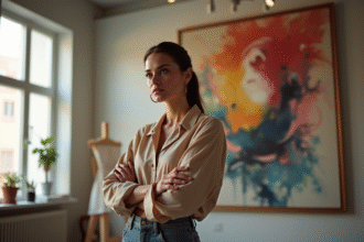 Femme artiste dans une galerie contemporaine lumineuse