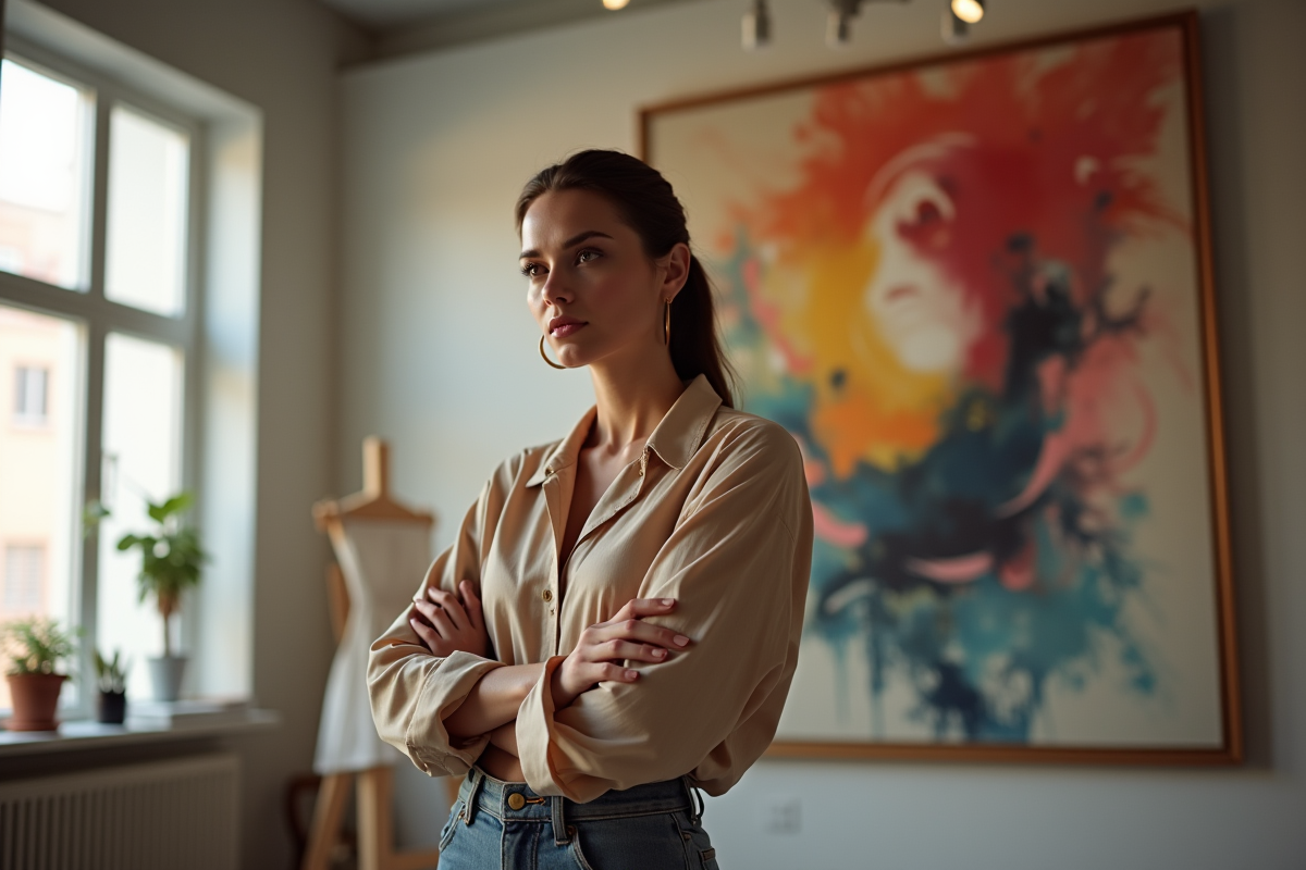 Femme artiste dans une galerie contemporaine lumineuse