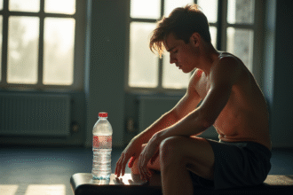 Jeune athlète fatigué sur un banc de gym avec bouteille d'eau