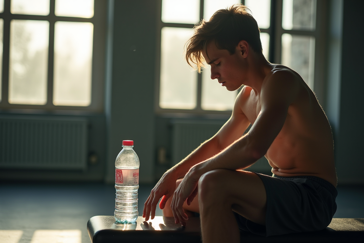 Jeune athlète fatigué sur un banc de gym avec bouteille d'eau