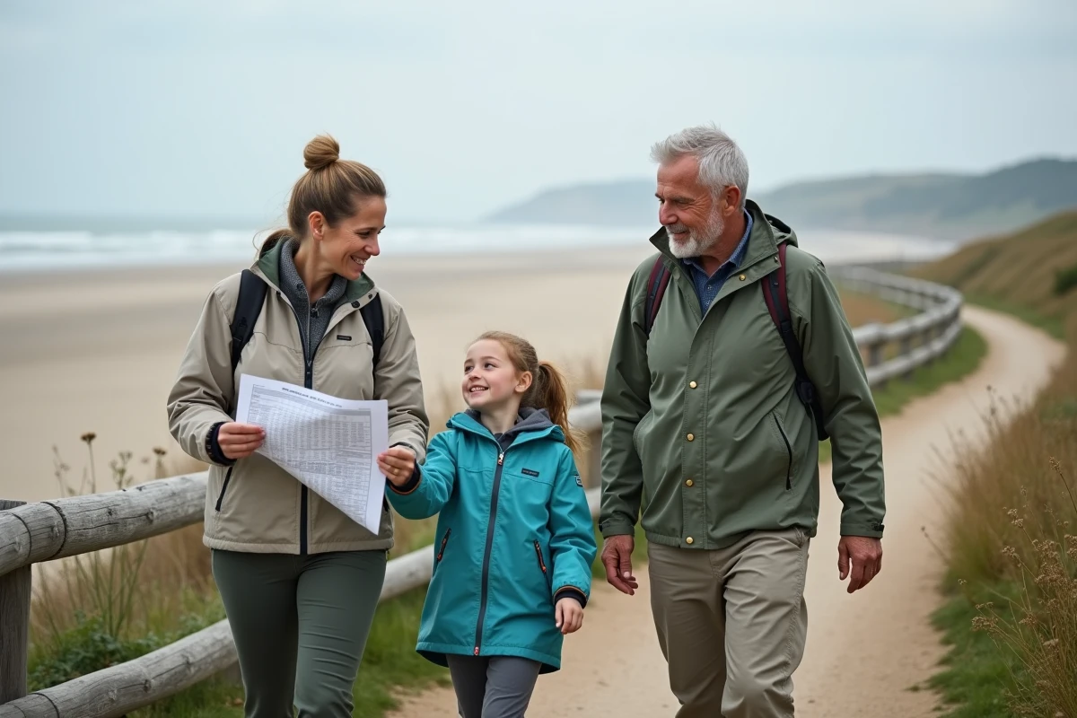 Famille consultant un horaire de marée lors d'une balade sur le sentier côtier de Saint-Hilaire-de-Riez