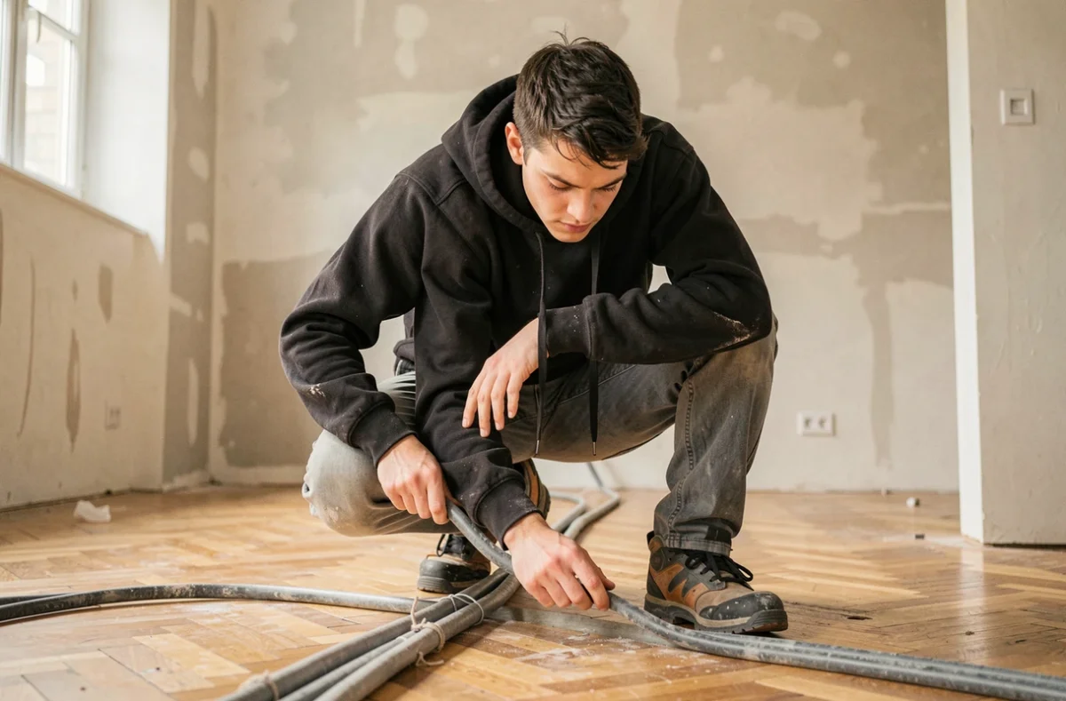Électricien BM ELEC tirant des câbles dans la gaine d'un appartement rénové dans l'Allier