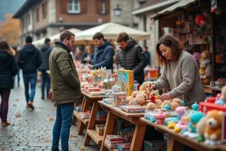Braderie en Savoie avec tables de jouets d'occasion exposés sur une place pavée entourée de bâtiments alpins traditionnels