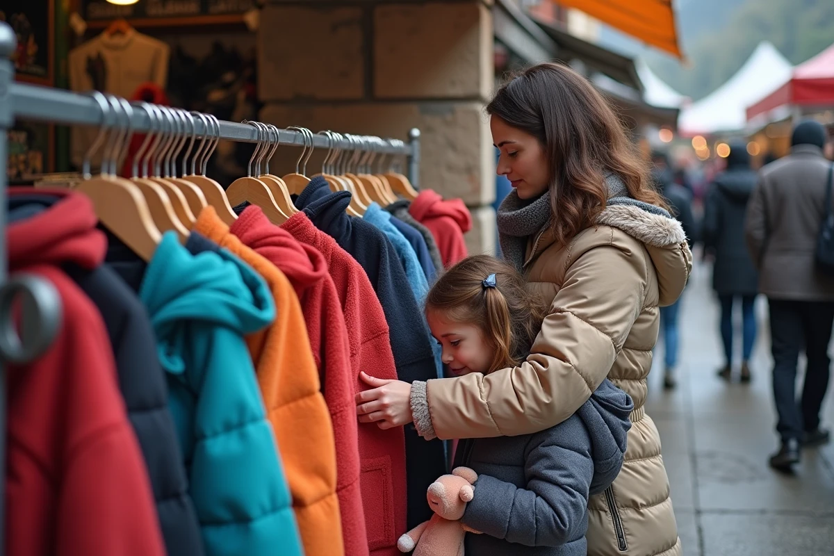 Femme feuilletant des vêtements d'occasion sur un portant lors d'une braderie en Savoie, avec sa fille à ses côtés