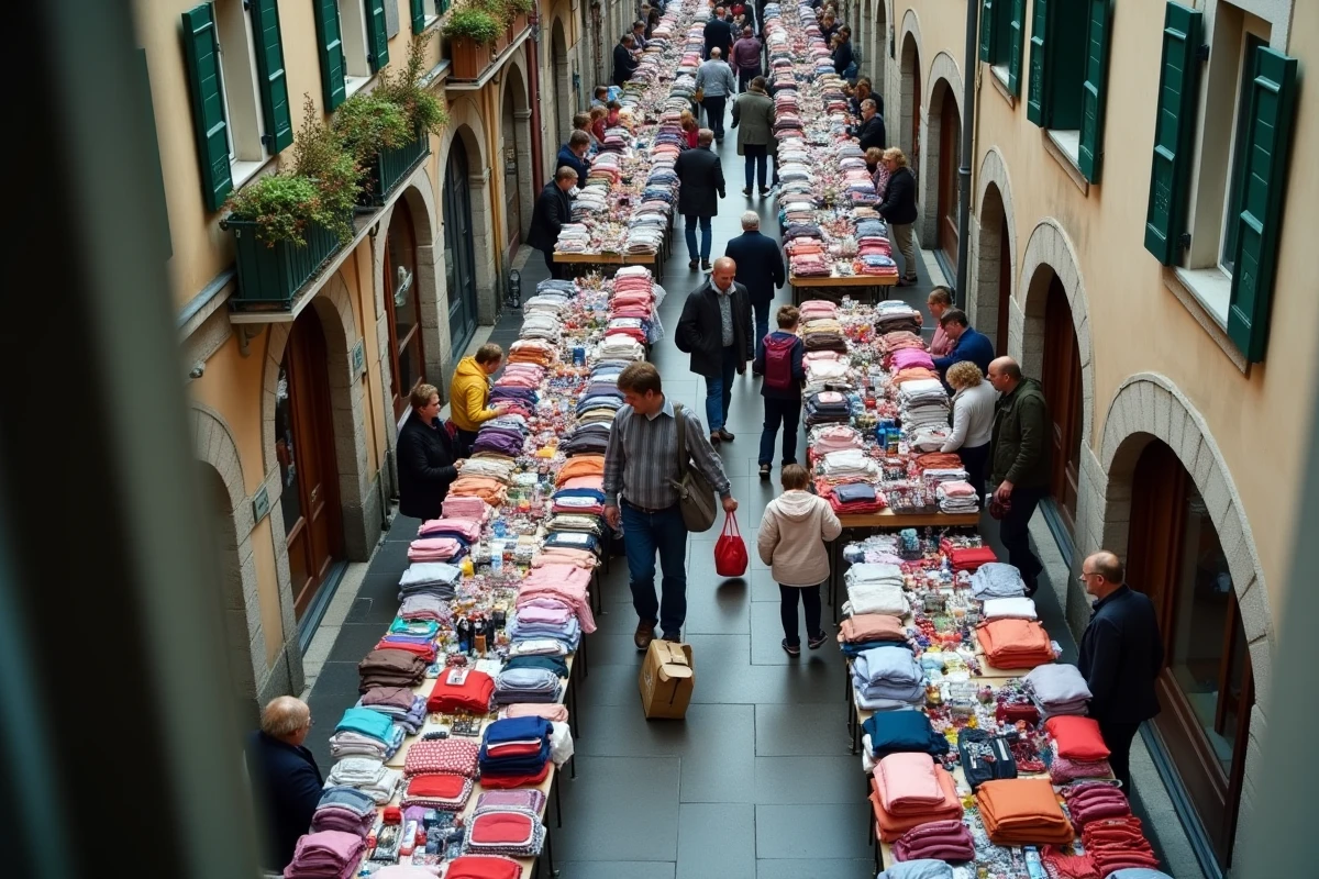 Vue en plongée d'une braderie animée en Savoie montrant les allées de vendeurs avec jouets et vêtements d'occasion