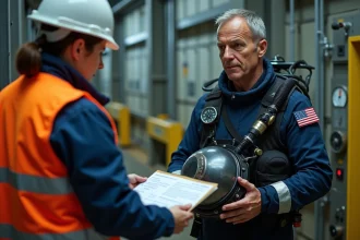 Plongeur professionnel en tenue hyperbare écoutant un briefing sécurité de la part d'une responsable HSE dans un couloir industriel