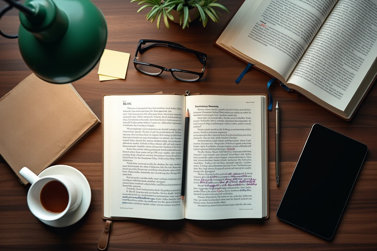 Vue aérienne d'un bureau avec notes manuscrites, article de blog annoté, livre et tablette pour illustrer la lecture critique littéraire