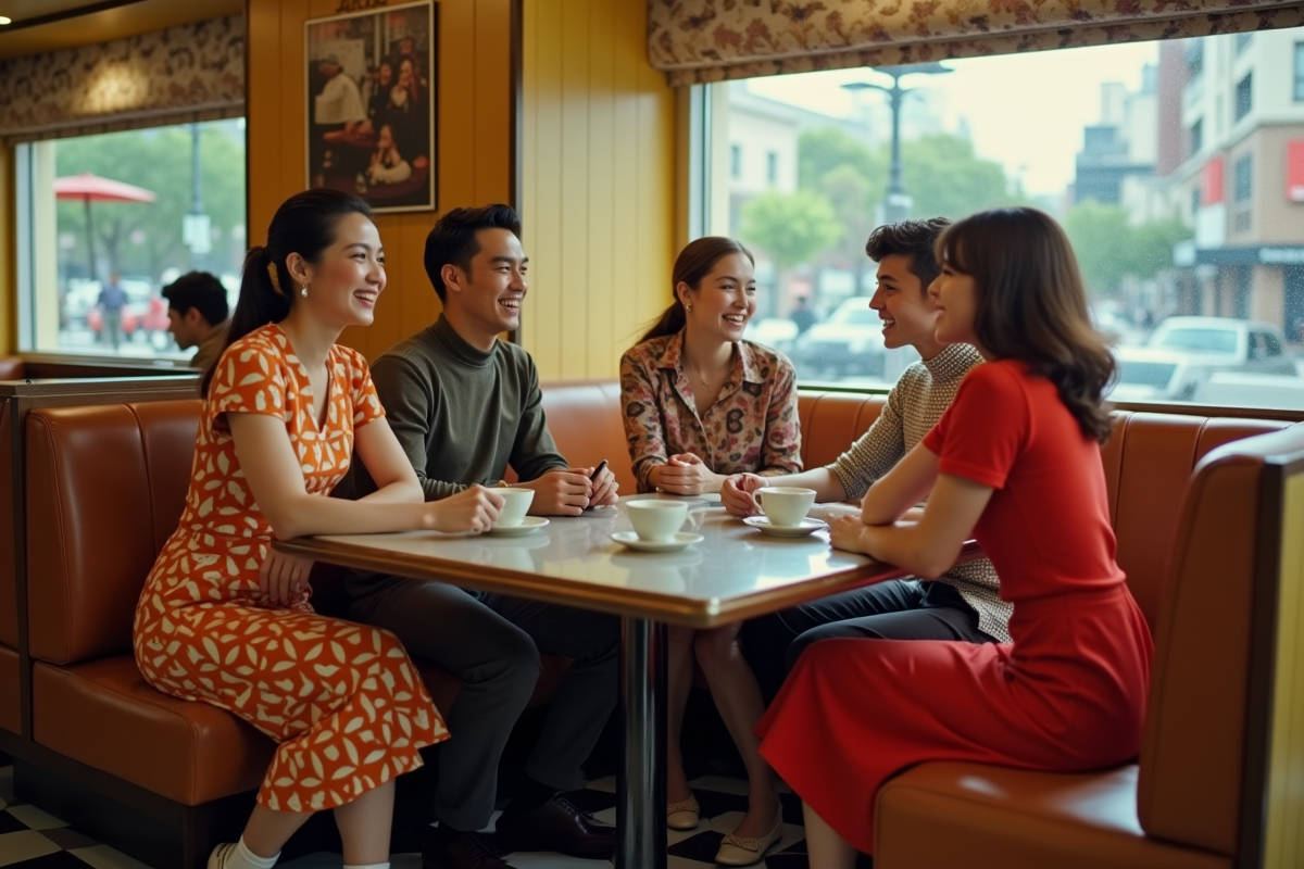 Groupe de jeunes dans un café vintage des années 60