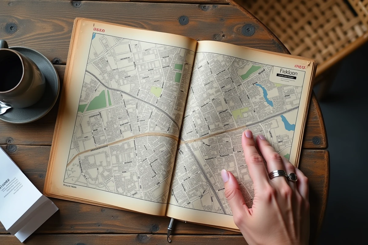 Main masculine traçant un itinéraire sur une carte de ville papier pour trouver l'impasse des Lilas dans un café parisien