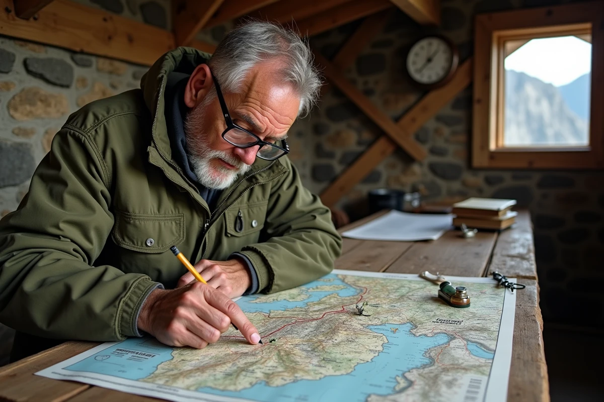 Cartographe étudiant une carte topographique des montagnes françaises dans un refuge alpin en bois