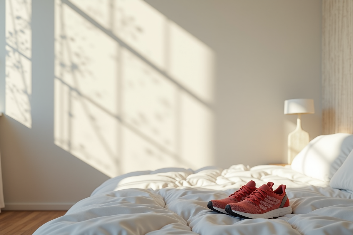 Chambre minimaliste avec chaussures de course et lumière naturelle