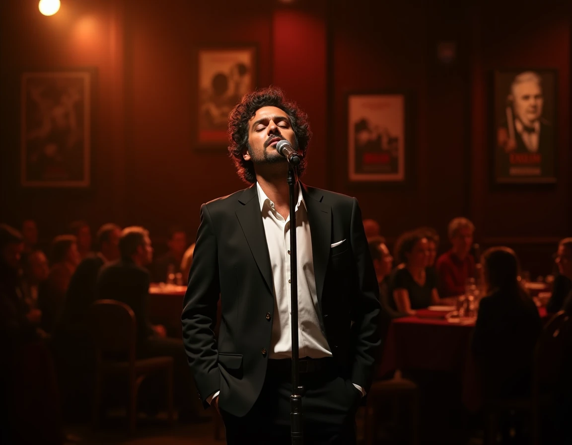 Chanteur de jazz en blazer noir sur scène dans un club parisien intimiste avec un microphone vintage devant un public en arrière-plan flou