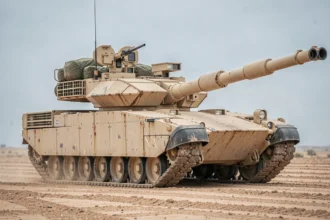 Char M1A1 Abrams en manœuvre sur terrain désertique, vue grand angle depuis le sol mettant en valeur l'armure et le canon principal