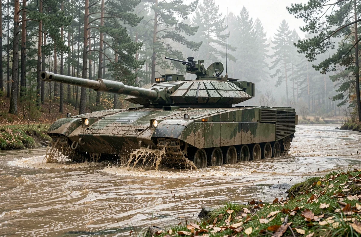 Char M1A1 Abrams traversant un gué boueux lors d'un exercice militaire en forêt tempérée, eau et boue projetées autour de la coque
