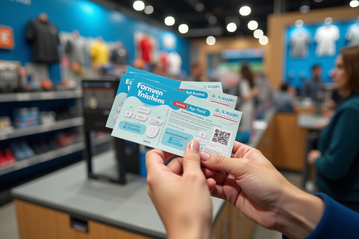 Mains tenant des chèques cadeaux sportifs chez Decathlon