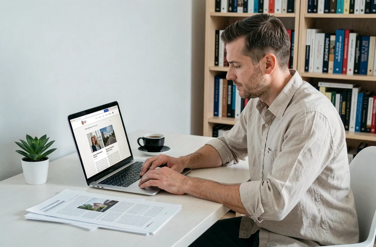 Chercheur consultant des archives en ligne sur son ordinateur portable dans un bureau à domicile
