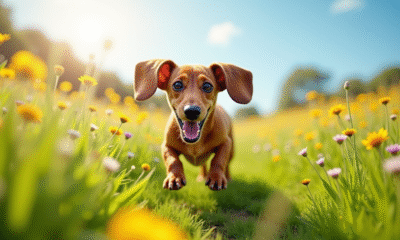 Chien dachshund courant dans une prairie ensoleillee